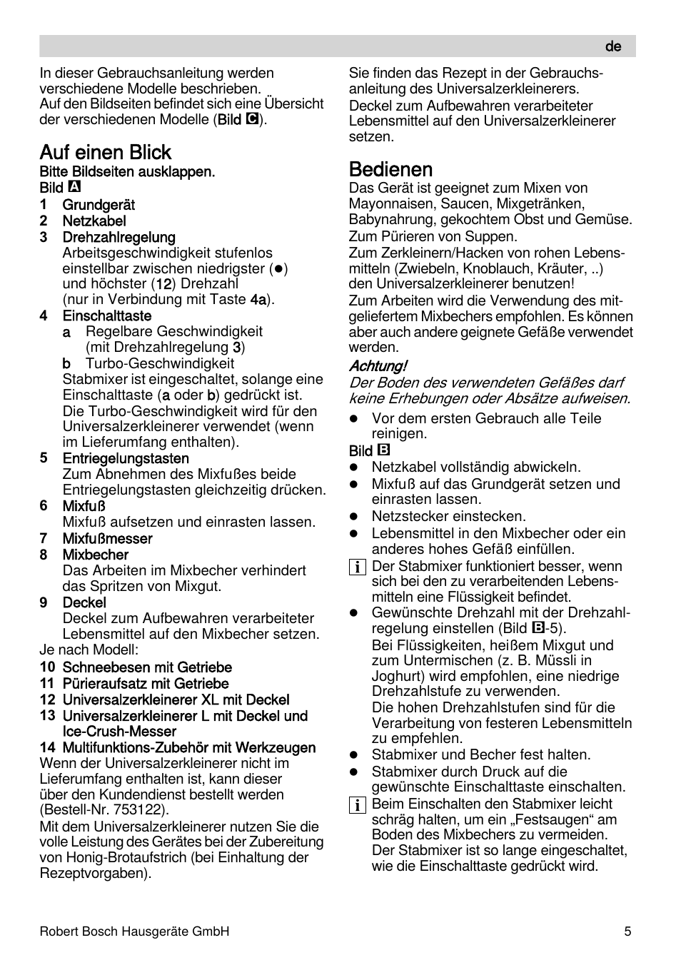 Auf einen blick, Bedienen | Bosch MSM87110 Mixeur plongeant noir EDG User Manual | Page 5 / 107