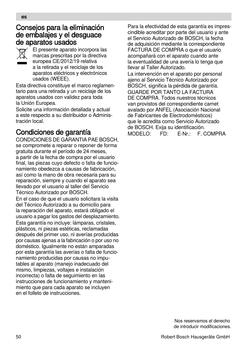 Condiciones de garantía | Bosch MSM87110 Mixeur plongeant noir EDG User Manual | Page 50 / 107
