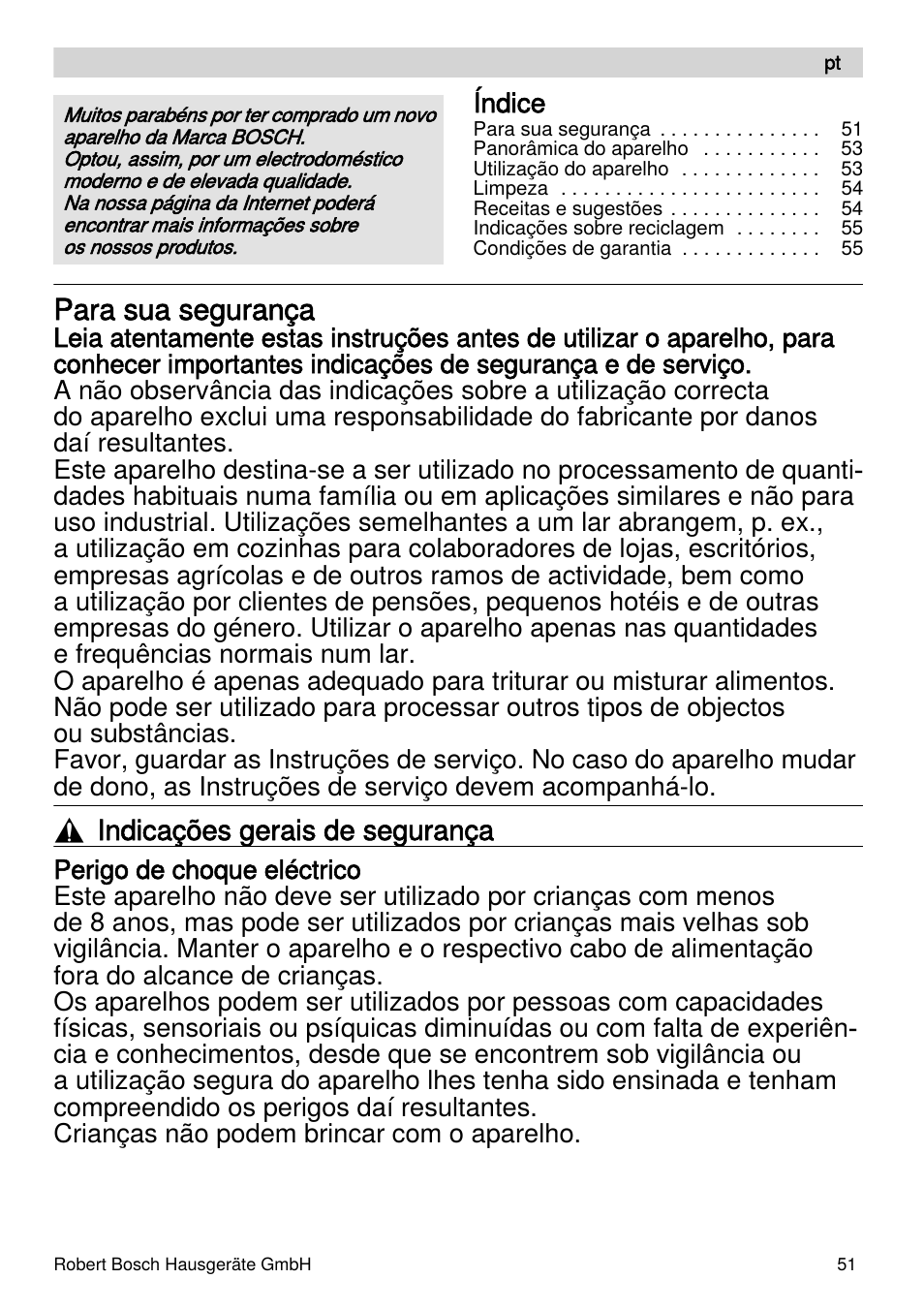 Para sua segurança, Indicações gerais de segurança | Bosch MSM87110 Mixeur plongeant noir EDG User Manual | Page 51 / 107