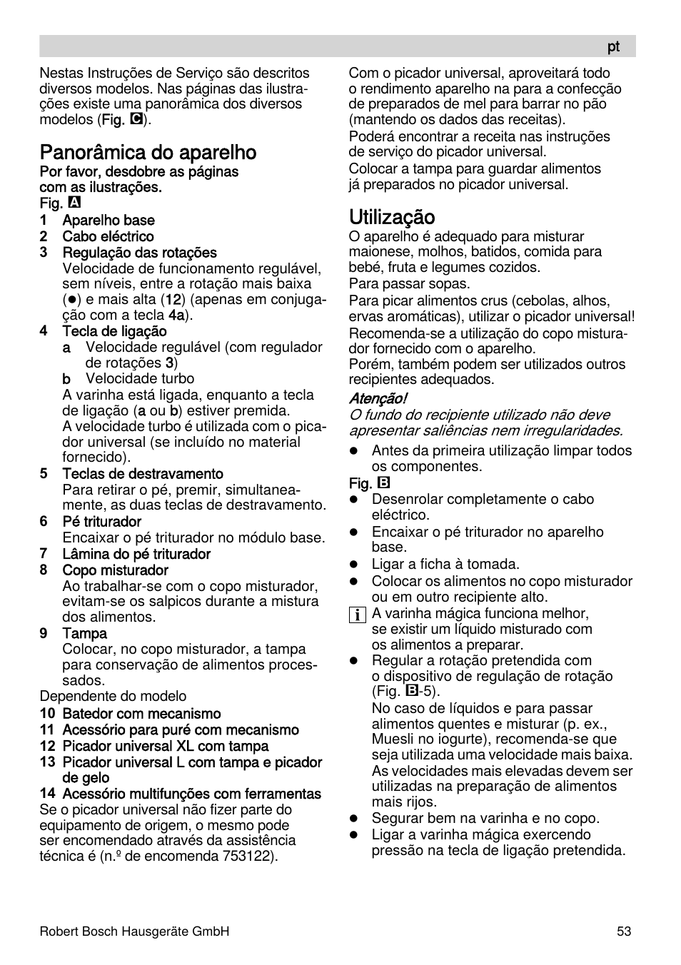 Panorâmica do aparelho, Utilização | Bosch MSM87110 Mixeur plongeant noir EDG User Manual | Page 53 / 107