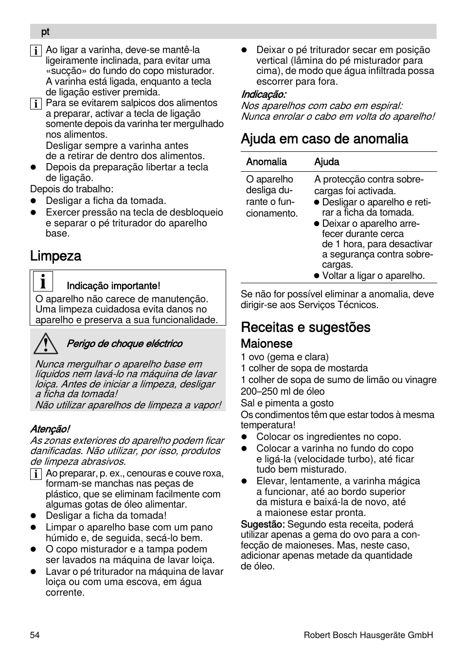 Limpeza, Ajuda em caso de anomalia, Receitas e sugestões | Maionese | Bosch MSM87110 Mixeur plongeant noir EDG User Manual | Page 54 / 107