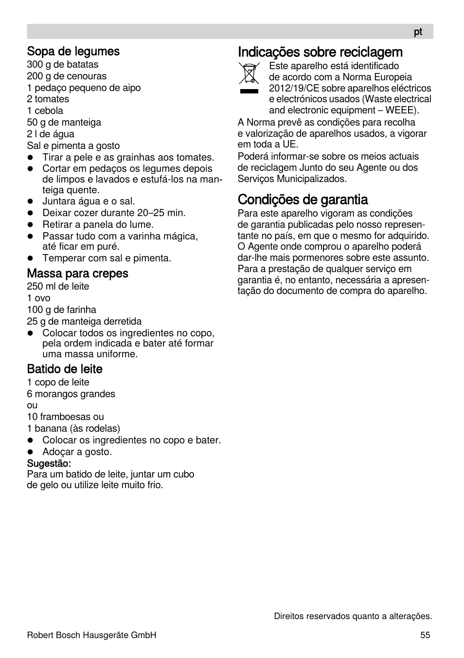 Indicações sobre reciclagem, Condições de garantia, Sopa de legumes | Massa para crepes, Batido de leite | Bosch MSM87110 Mixeur plongeant noir EDG User Manual | Page 55 / 107