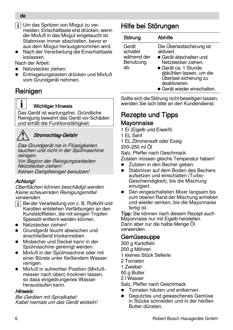 Reinigen, Hilfe bei störungen, Rezepte und tipps | Mayonnaise, Gemüsesuppe | Bosch MSM87110 Mixeur plongeant noir EDG User Manual | Page 6 / 107