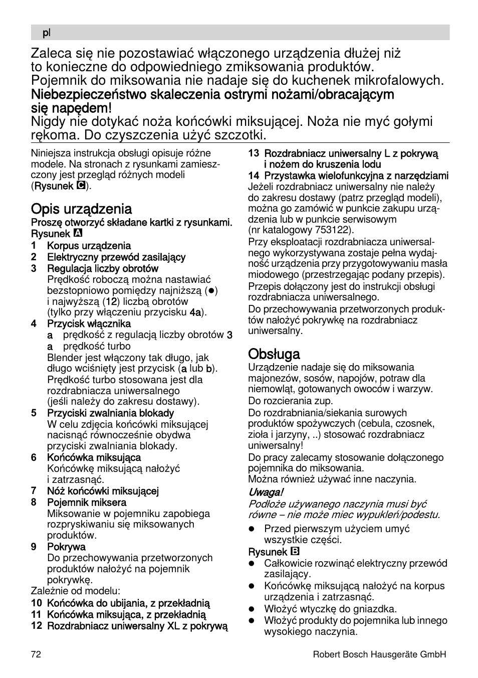 Opis urządzenia, Obsługa | Bosch MSM87110 Mixeur plongeant noir EDG User Manual | Page 72 / 107