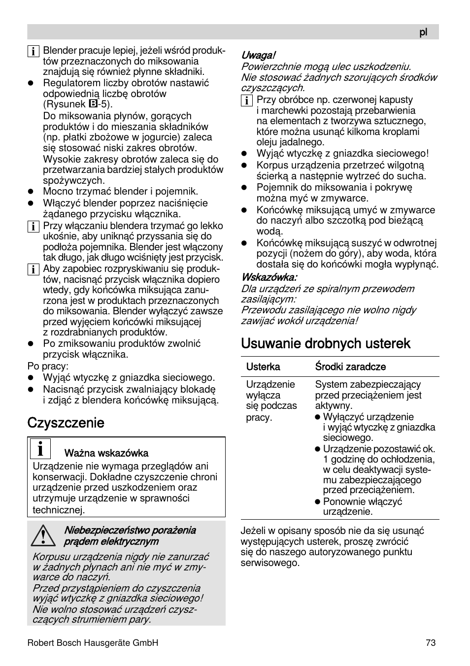 Czyszczenie, Usuwanie drobnych usterek | Bosch MSM87110 Mixeur plongeant noir EDG User Manual | Page 73 / 107