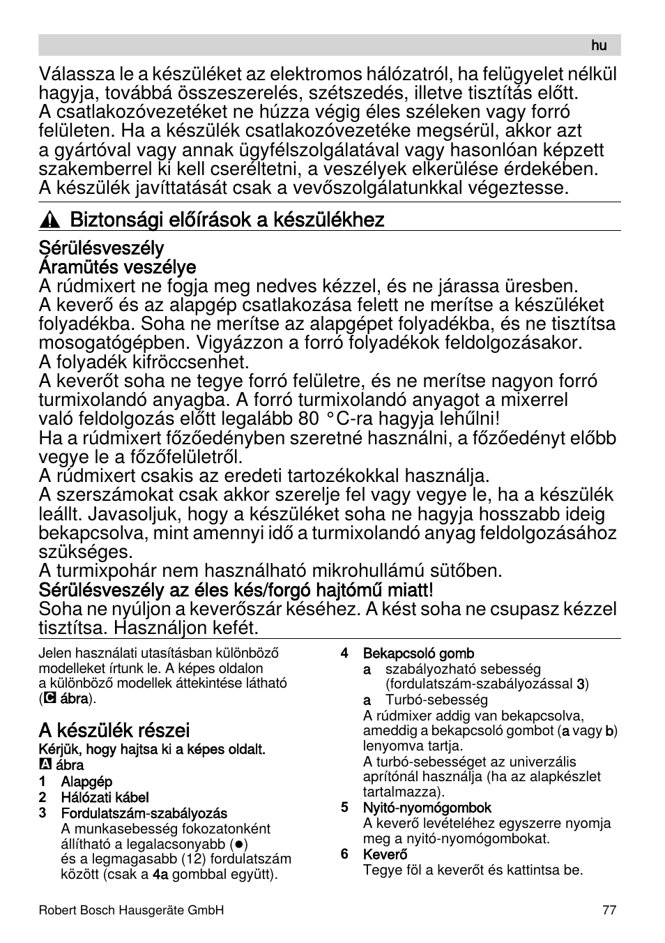 Biztonsági előírások a készülékhez, A készülék részei | Bosch MSM87110 Mixeur plongeant noir EDG User Manual | Page 77 / 107