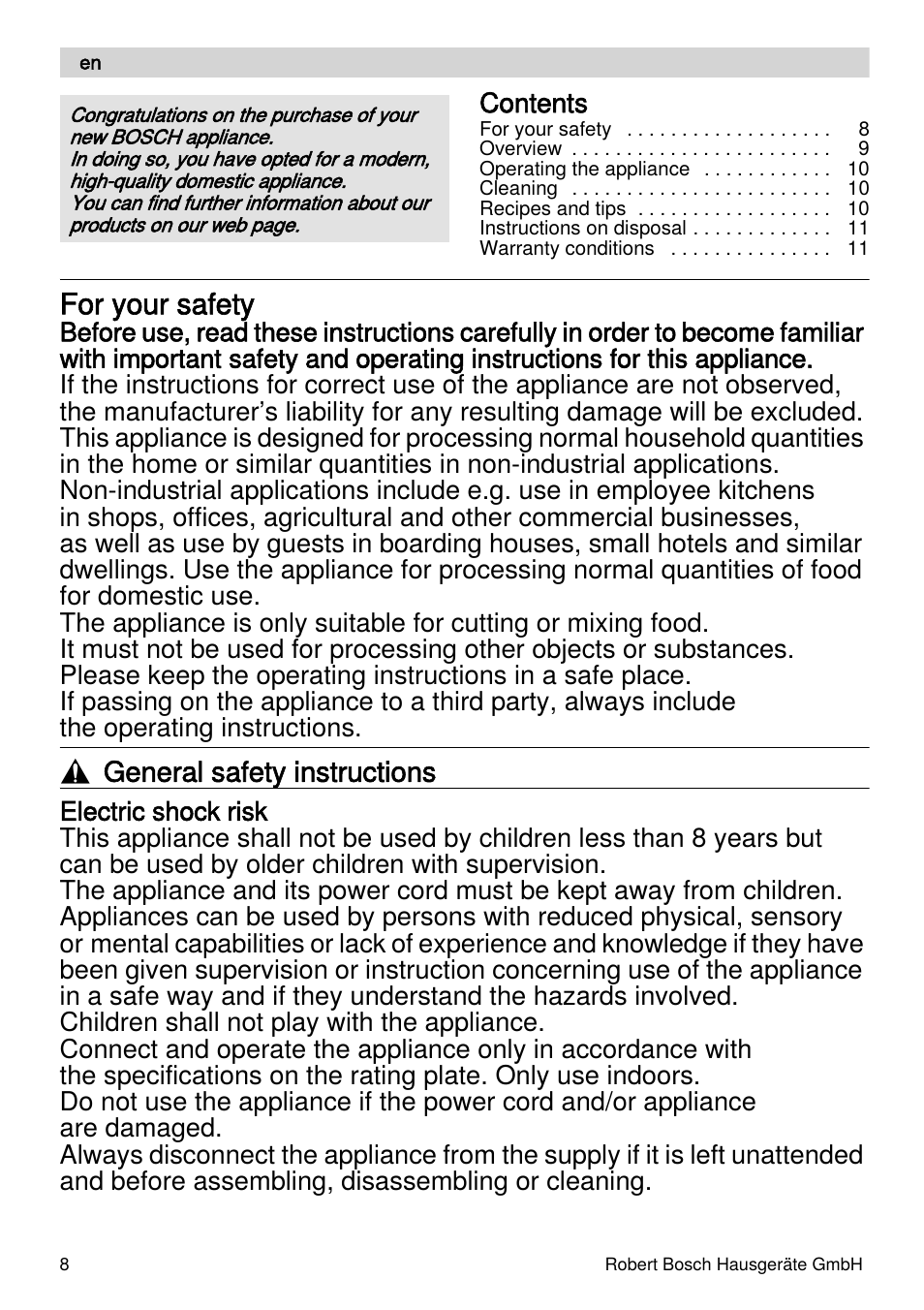 For your safety, General safety instructions | Bosch MSM87110 Mixeur plongeant noir EDG User Manual | Page 8 / 107