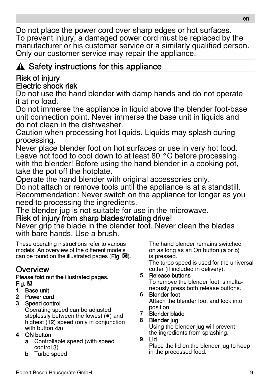 Safety instructions for this appliance, Overview | Bosch MSM87110 Mixeur plongeant noir EDG User Manual | Page 9 / 107