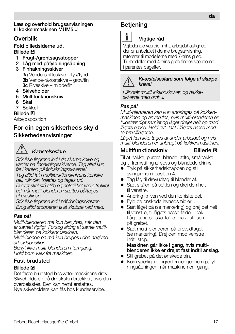 Overblik, For din egen sikkerheds skyld, Betjening | Bosch MUZ5MM1 Multimixeur blanctransparant Pour Kitchen machine MUM5 User Manual | Page 17 / 62