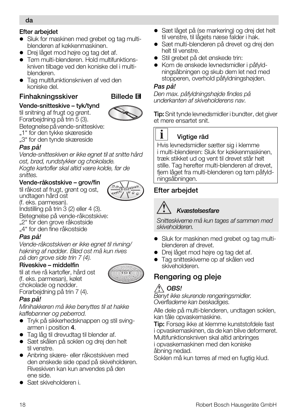 Rengøring og pleje | Bosch MUZ5MM1 Multimixeur blanctransparant Pour Kitchen machine MUM5 User Manual | Page 18 / 62