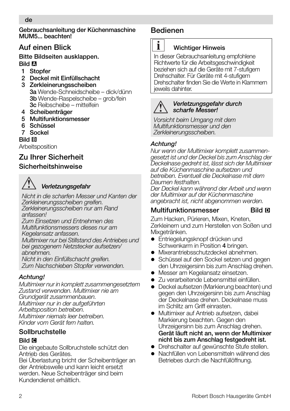 Auf einen blick, Zu ihrer sicherheit, Bedienen | Bosch MUZ5MM1 Multimixeur blanctransparant Pour Kitchen machine MUM5 User Manual | Page 2 / 62