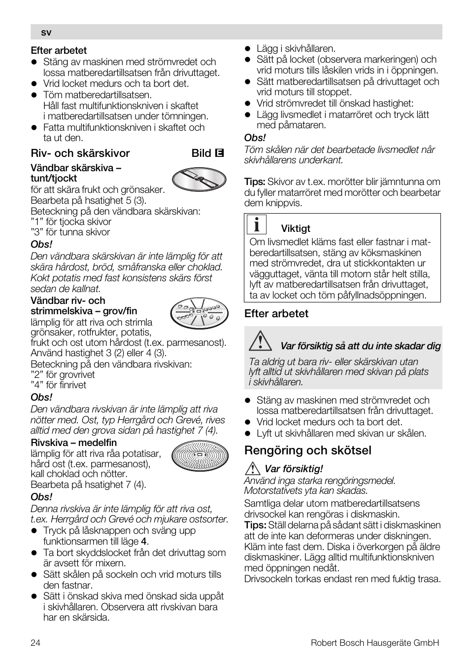 Rengöring och skötsel | Bosch MUZ5MM1 Multimixeur blanctransparant Pour Kitchen machine MUM5 User Manual | Page 24 / 62