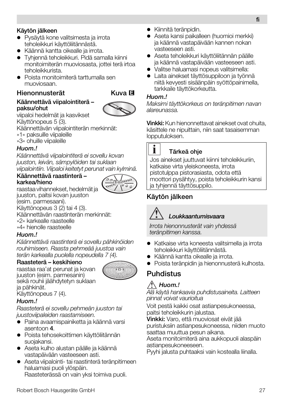 Puhdistus | Bosch MUZ5MM1 Multimixeur blanctransparant Pour Kitchen machine MUM5 User Manual | Page 27 / 62