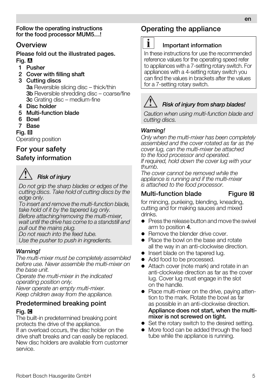 Overview, For your safety, Operating the appliance | Bosch MUZ5MM1 Multimixeur blanctransparant Pour Kitchen machine MUM5 User Manual | Page 5 / 62