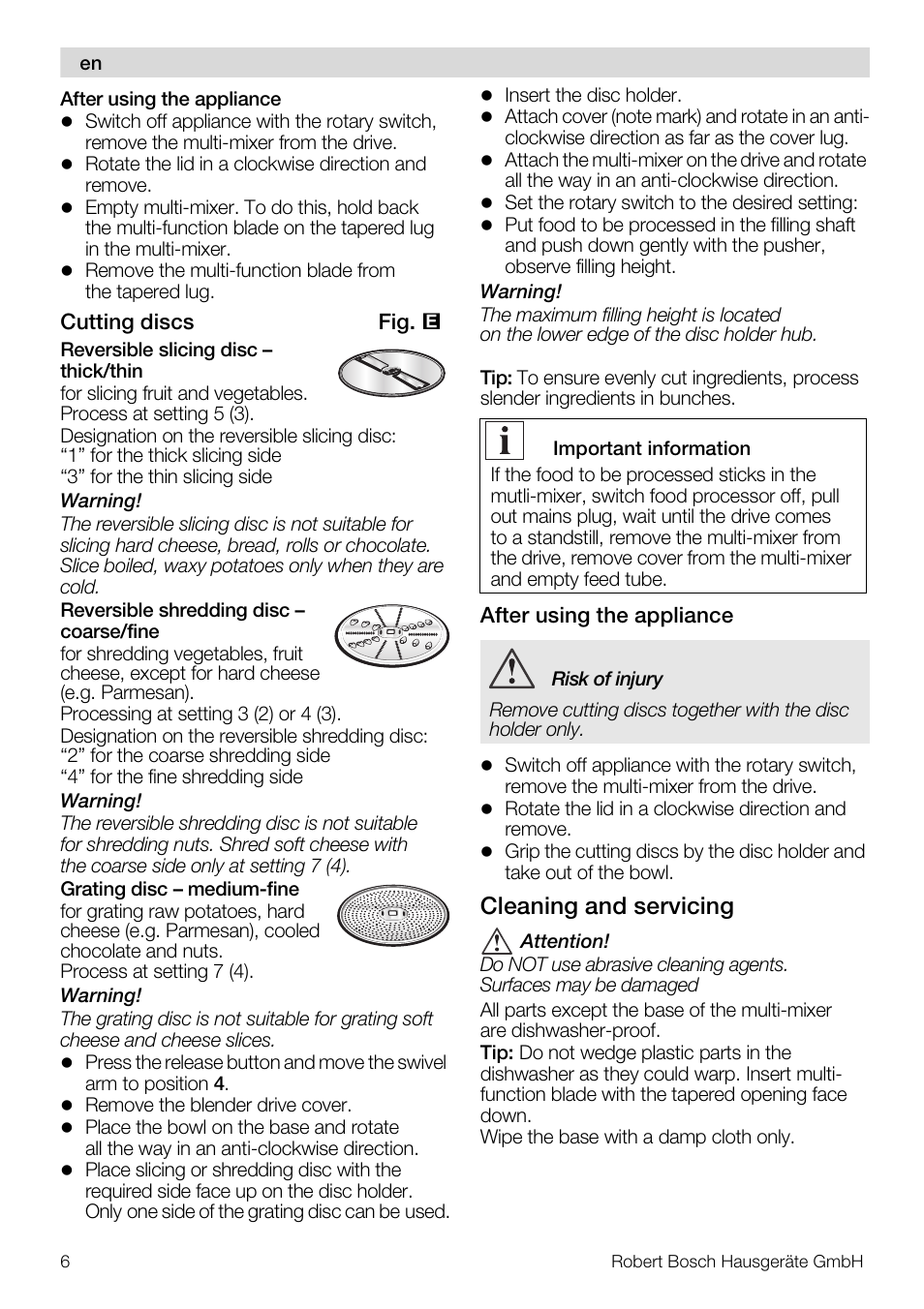 Cleaning and servicing | Bosch MUZ5MM1 Multimixeur blanctransparant Pour Kitchen machine MUM5 User Manual | Page 6 / 62