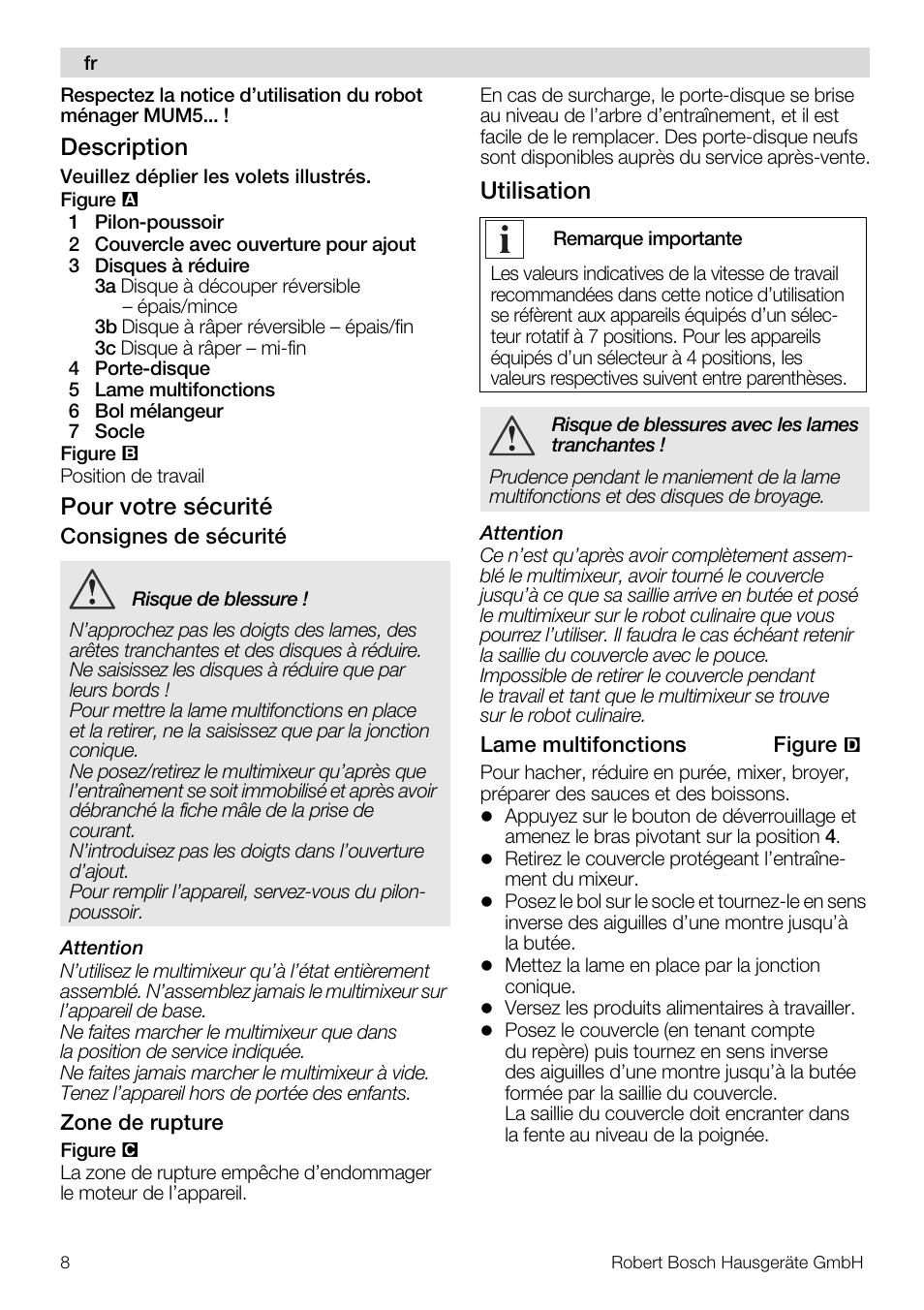 Description, Pour votre sécurité, Utilisation | Bosch MUZ5MM1 Multimixeur blanctransparant Pour Kitchen machine MUM5 User Manual | Page 8 / 62