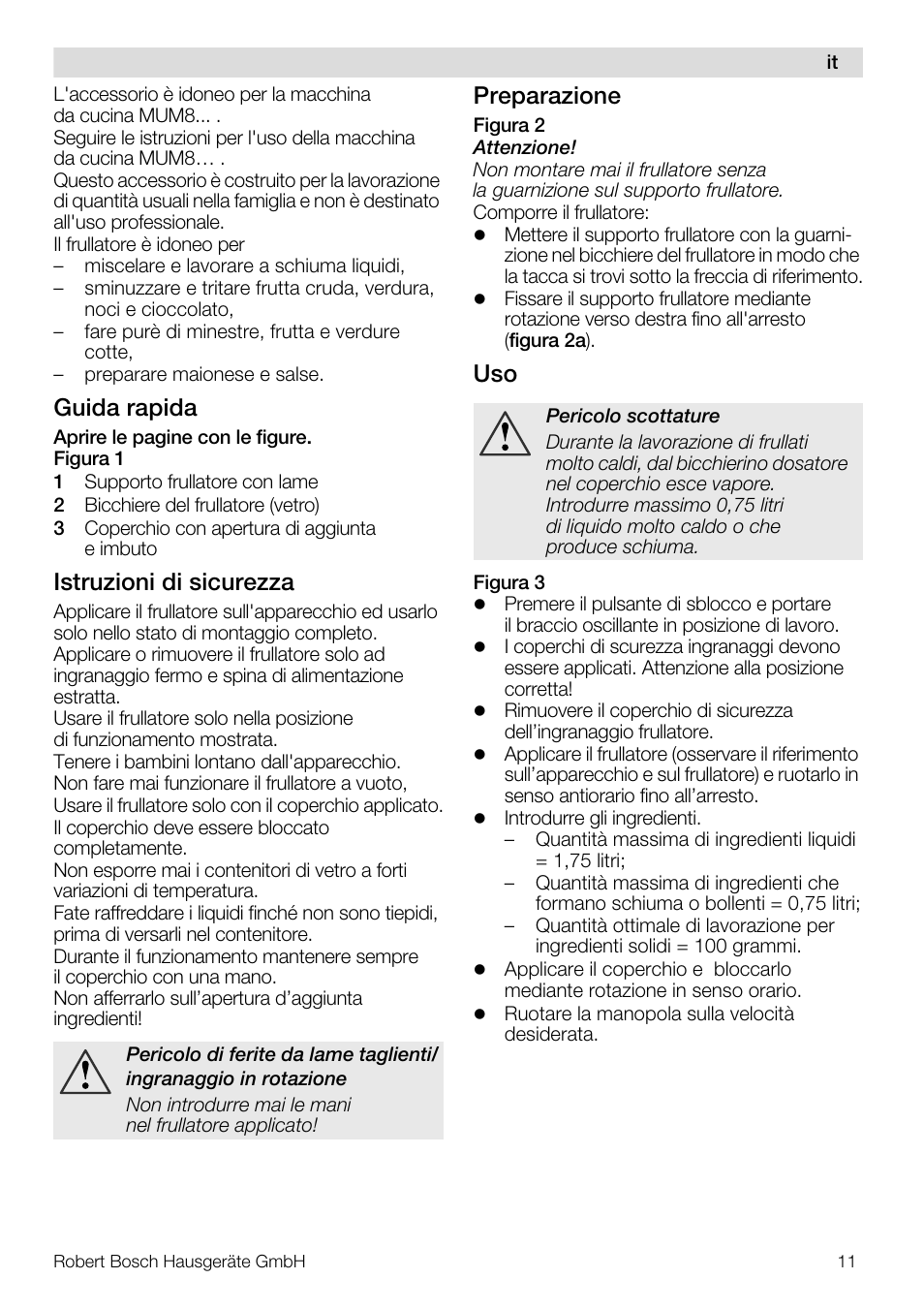 Guida rapida, Istruzioni di sicurezza, Preparazione | Bosch MUZ8MX2 Accessoire bol blender en verre pour MUM8 User Manual | Page 11 / 59