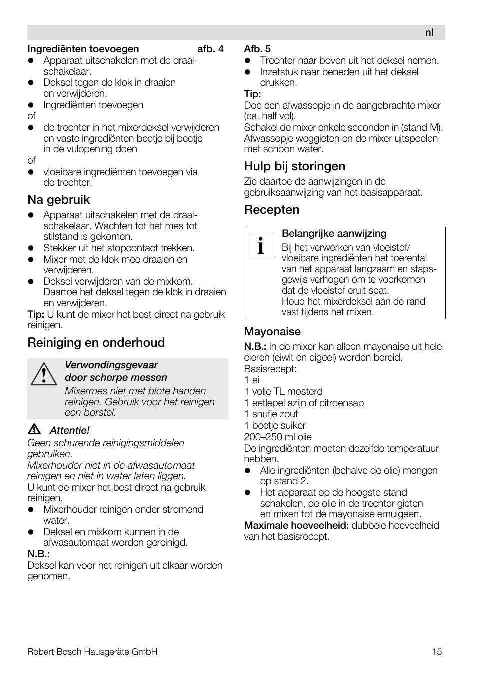 Na gebruik, Reiniging en onderhoud, Hulp bij storingen | Recepten | Bosch MUZ8MX2 Accessoire bol blender en verre pour MUM8 User Manual | Page 15 / 59