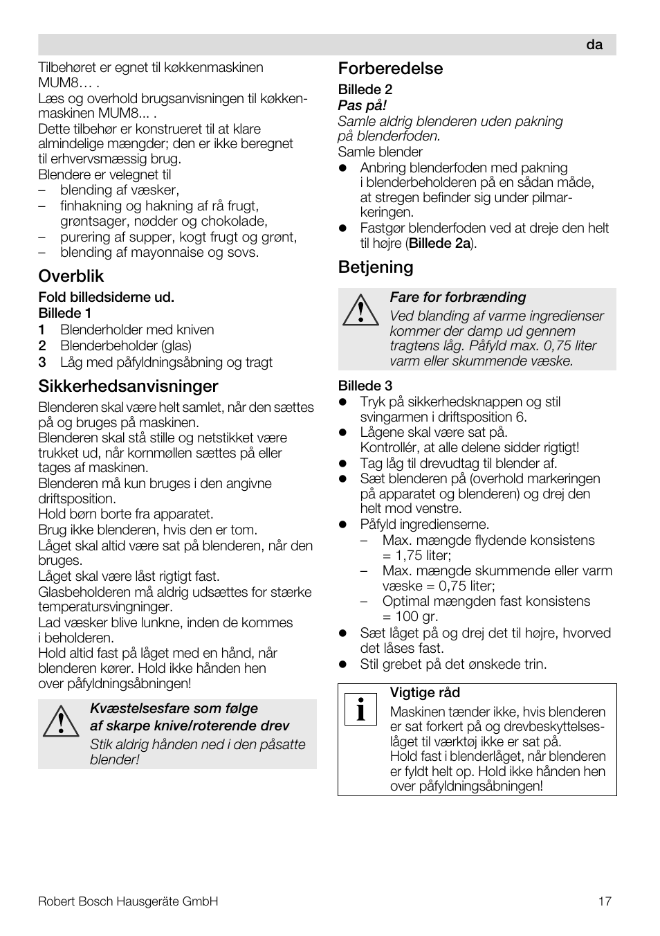 Overblik, Sikkerhedsanvisninger, Forberedelse | Betjening | Bosch MUZ8MX2 Accessoire bol blender en verre pour MUM8 User Manual | Page 17 / 59