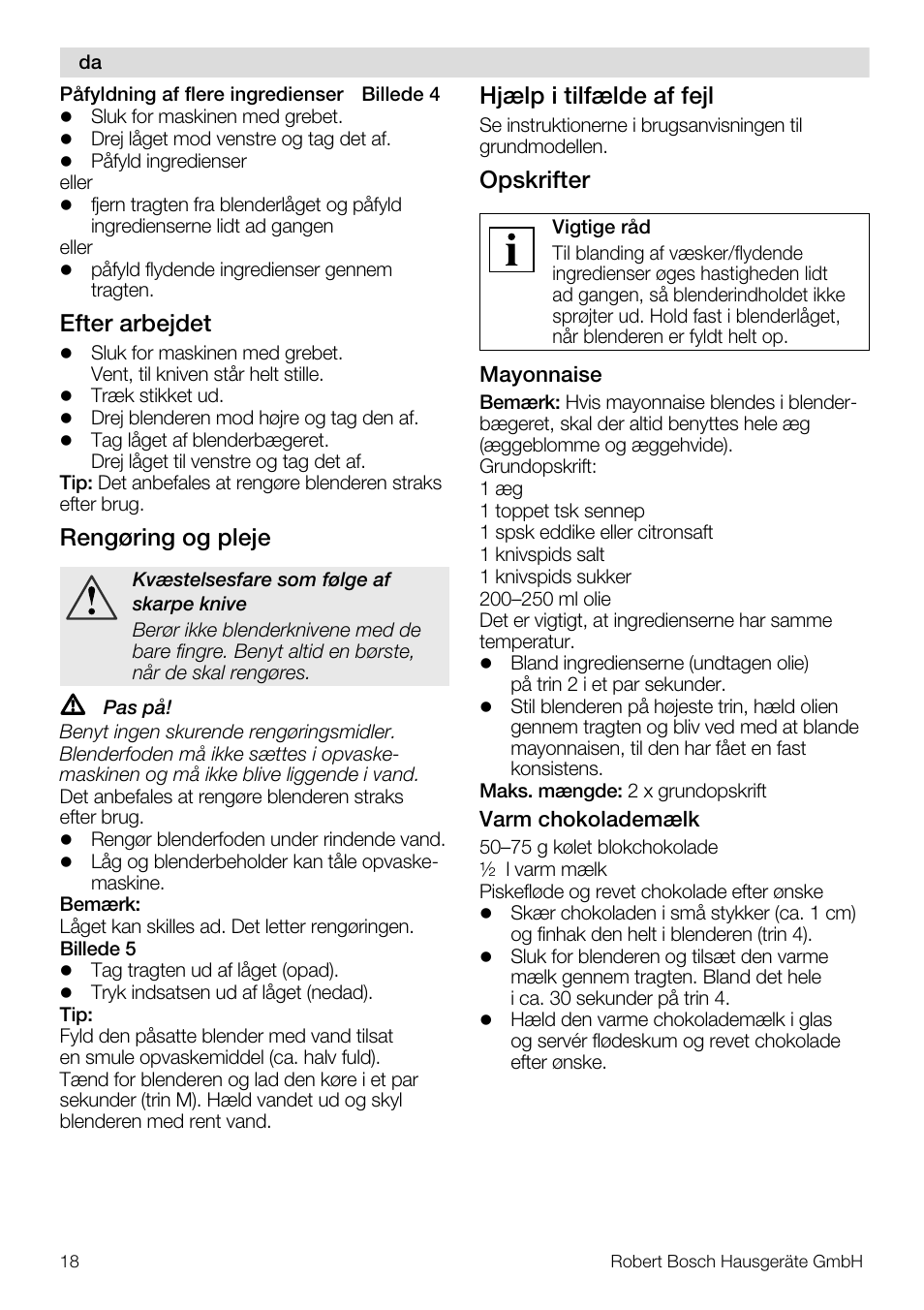 Efter arbejdet, Rengøring og pleje, Hjælp i tilfælde af fejl | Opskrifter | Bosch MUZ8MX2 Accessoire bol blender en verre pour MUM8 User Manual | Page 18 / 59