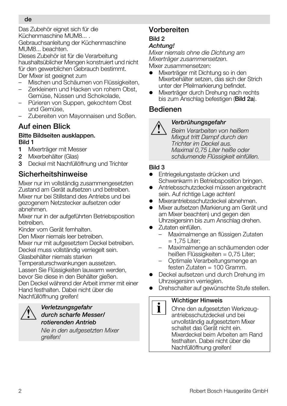 Auf einen blick, Sicherheitshinweise, Vorbereiten | Bedienen | Bosch MUZ8MX2 Accessoire bol blender en verre pour MUM8 User Manual | Page 2 / 59