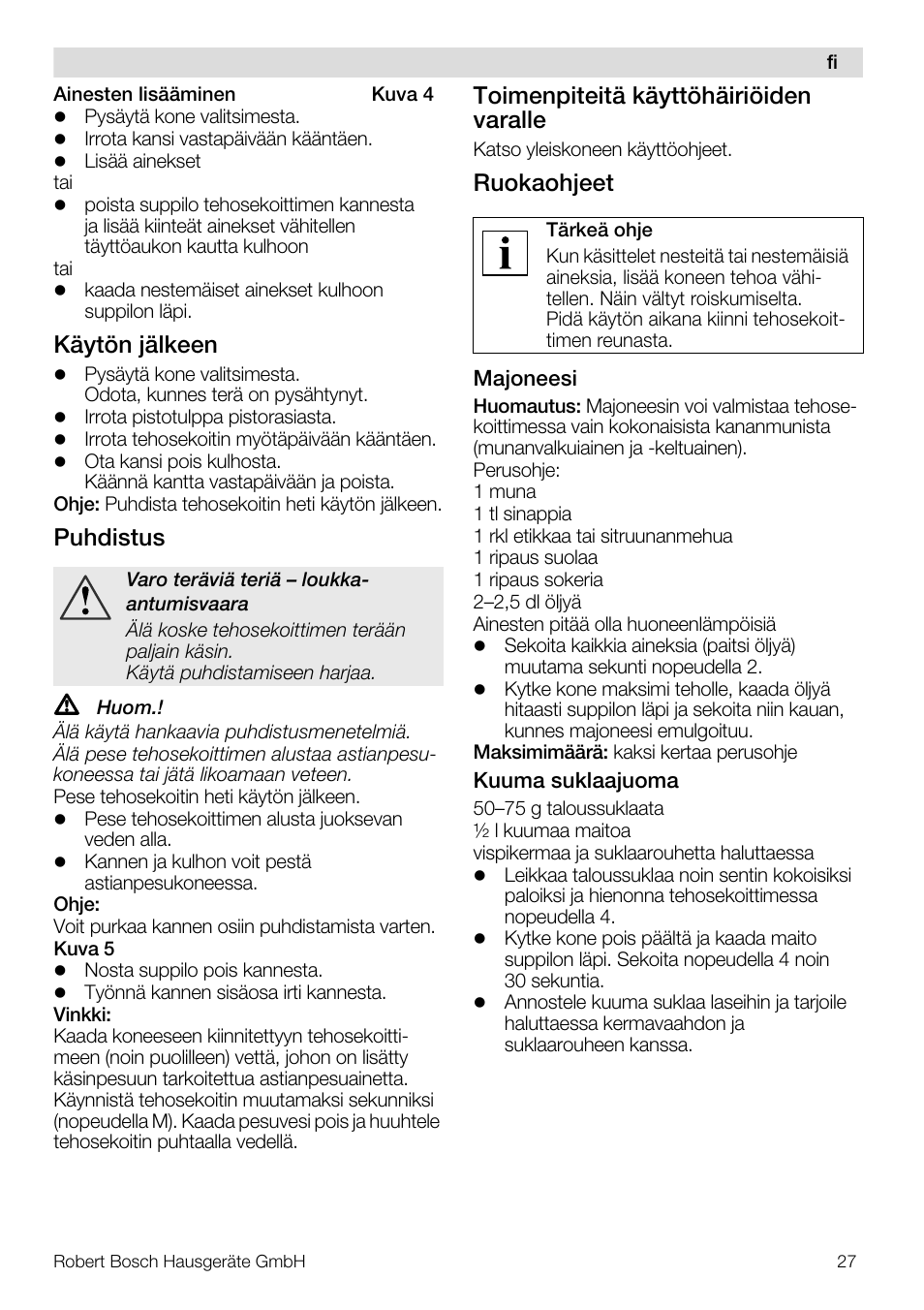 Käytön jälkeen, Puhdistus, Toimenpiteitä käyttöhäiriöiden varalle | Ruokaohjeet | Bosch MUZ8MX2 Accessoire bol blender en verre pour MUM8 User Manual | Page 27 / 59