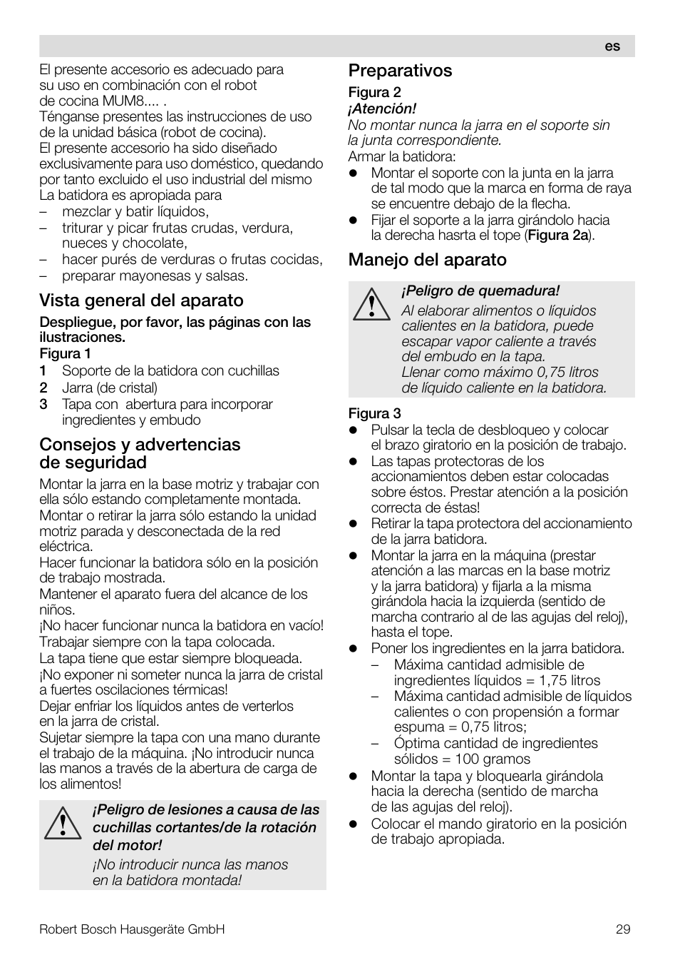 Vista general del aparato, Consejos y advertencias de seguridad, Preparativos | Manejo del aparato | Bosch MUZ8MX2 Accessoire bol blender en verre pour MUM8 User Manual | Page 29 / 59