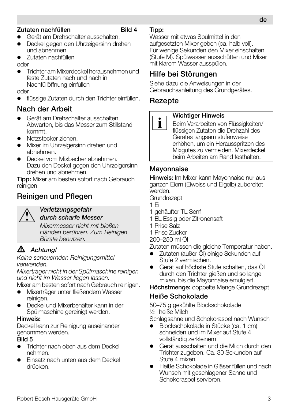 Nach der arbeit, Reinigen und pflegen, Hilfe bei störungen | Rezepte | Bosch MUZ8MX2 Accessoire bol blender en verre pour MUM8 User Manual | Page 3 / 59