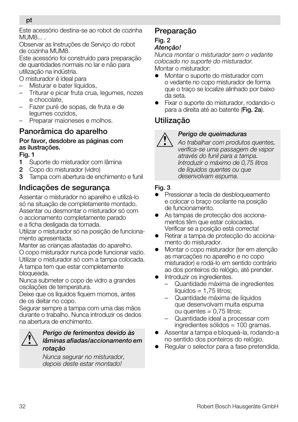 Panorâmica do aparelho, Indicações de segurança, Preparação | Utilização | Bosch MUZ8MX2 Accessoire bol blender en verre pour MUM8 User Manual | Page 32 / 59