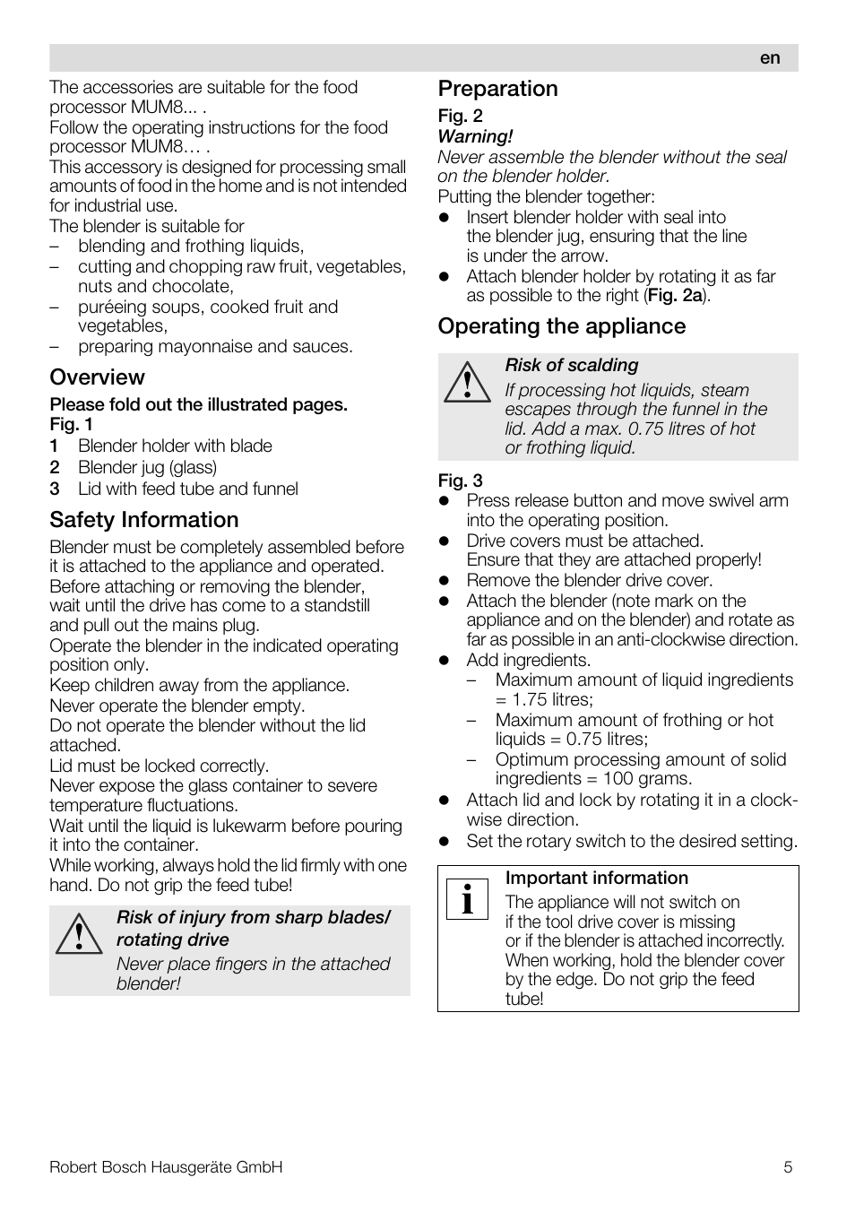 Overview, Safety information, Preparation | Operating the appliance | Bosch MUZ8MX2 Accessoire bol blender en verre pour MUM8 User Manual | Page 5 / 59