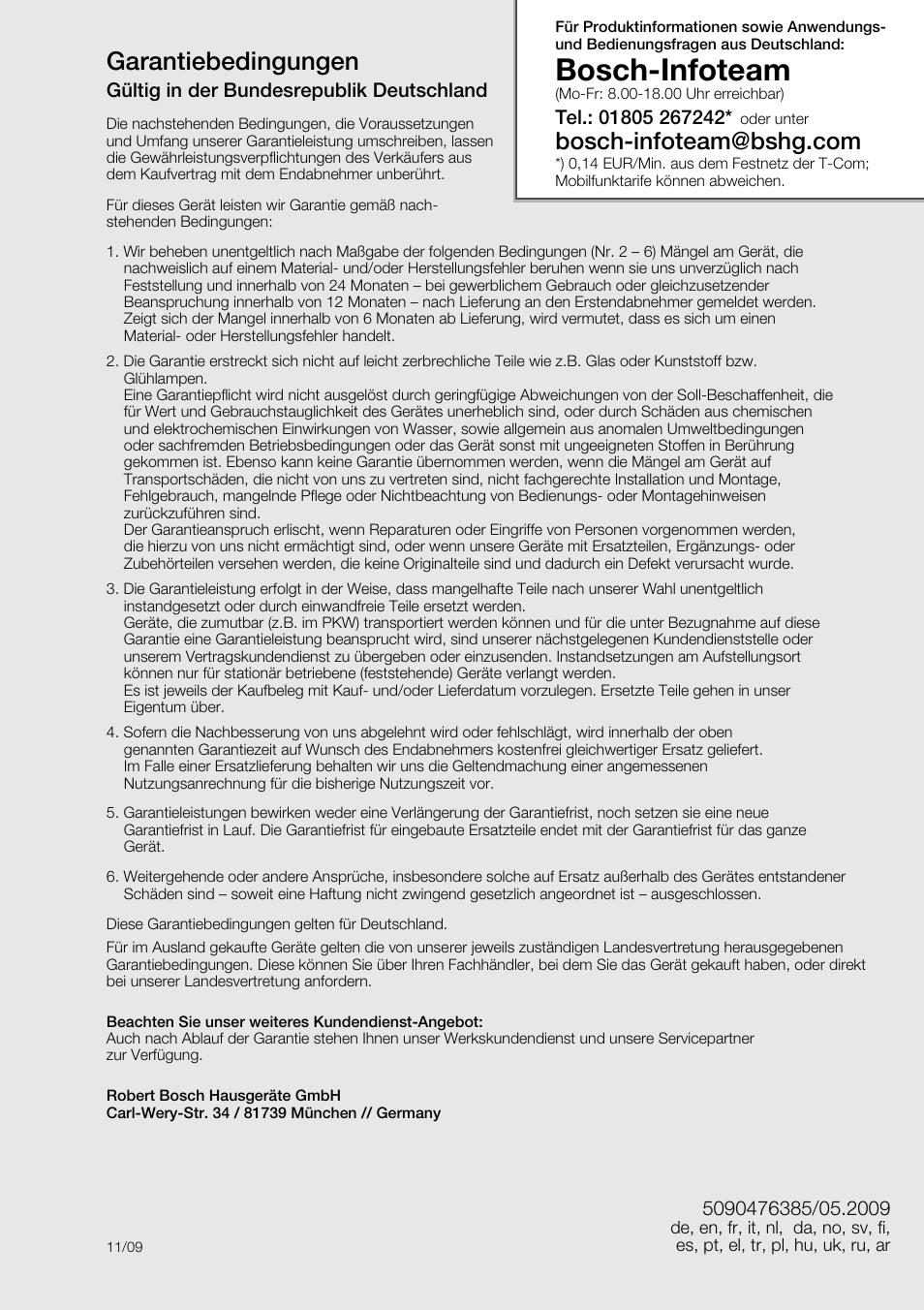 Bosch-infoteam, Garantiebedingungen, Gültig in der bundesrepublik deutschland | Bosch MUZ8MX2 Accessoire bol blender en verre pour MUM8 User Manual | Page 57 / 59