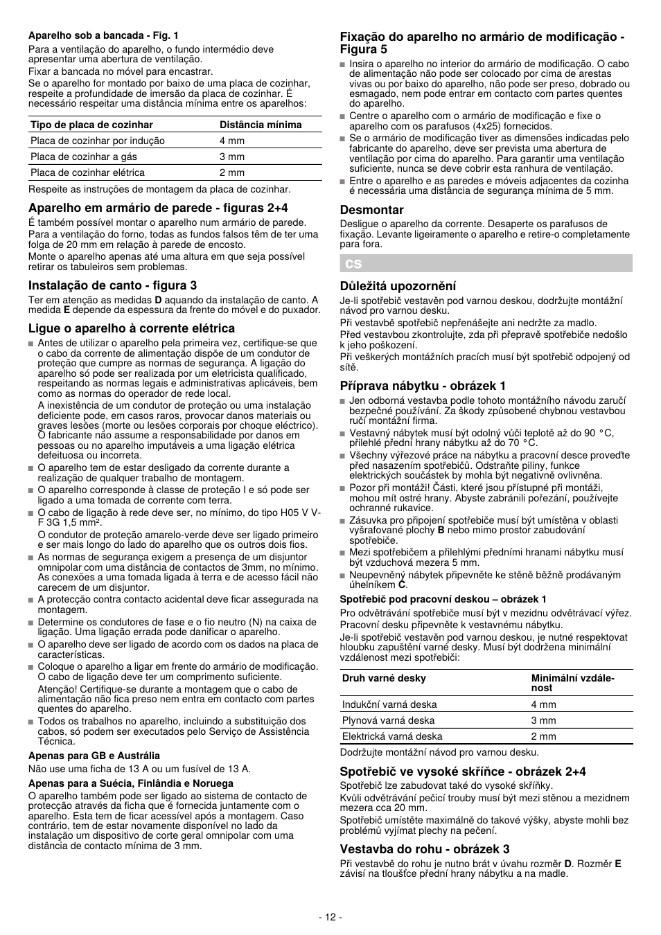 Apareiho em armàrio de parede - figuras 2+4, Instalagáo de canto - figura 3, Ligue o apareiho à corrente elétrica | Desmontar, Dúlezitá upozornéní, Príprava nábytku - obrázek 1, Spotrebic ve vysoké skríñce - obrázek 2+4, Vestavba do rohu - obrázek 3 | Bosch HBN532E0 - inox Four intégrable User Manual | Page 12 / 24
