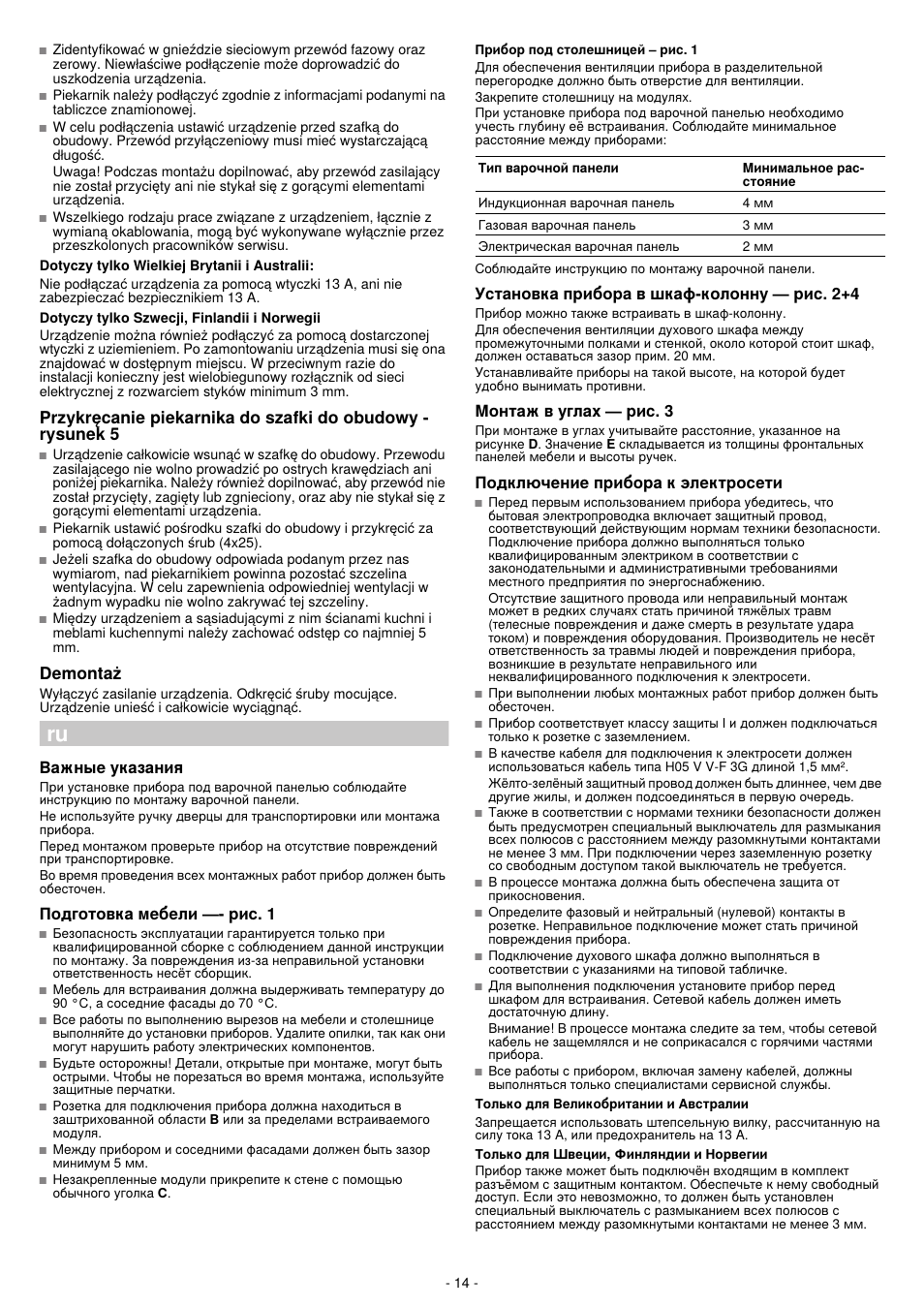 Demontaz, Важные указания, Подготовка мебели — рис. 1 | Установка прибора в шкаф-колонну — рис. 2+4, Монтаж в углах — рис. 3, Подключение прибора к электросети | Bosch HBN532E0 - inox Four intégrable User Manual | Page 14 / 24