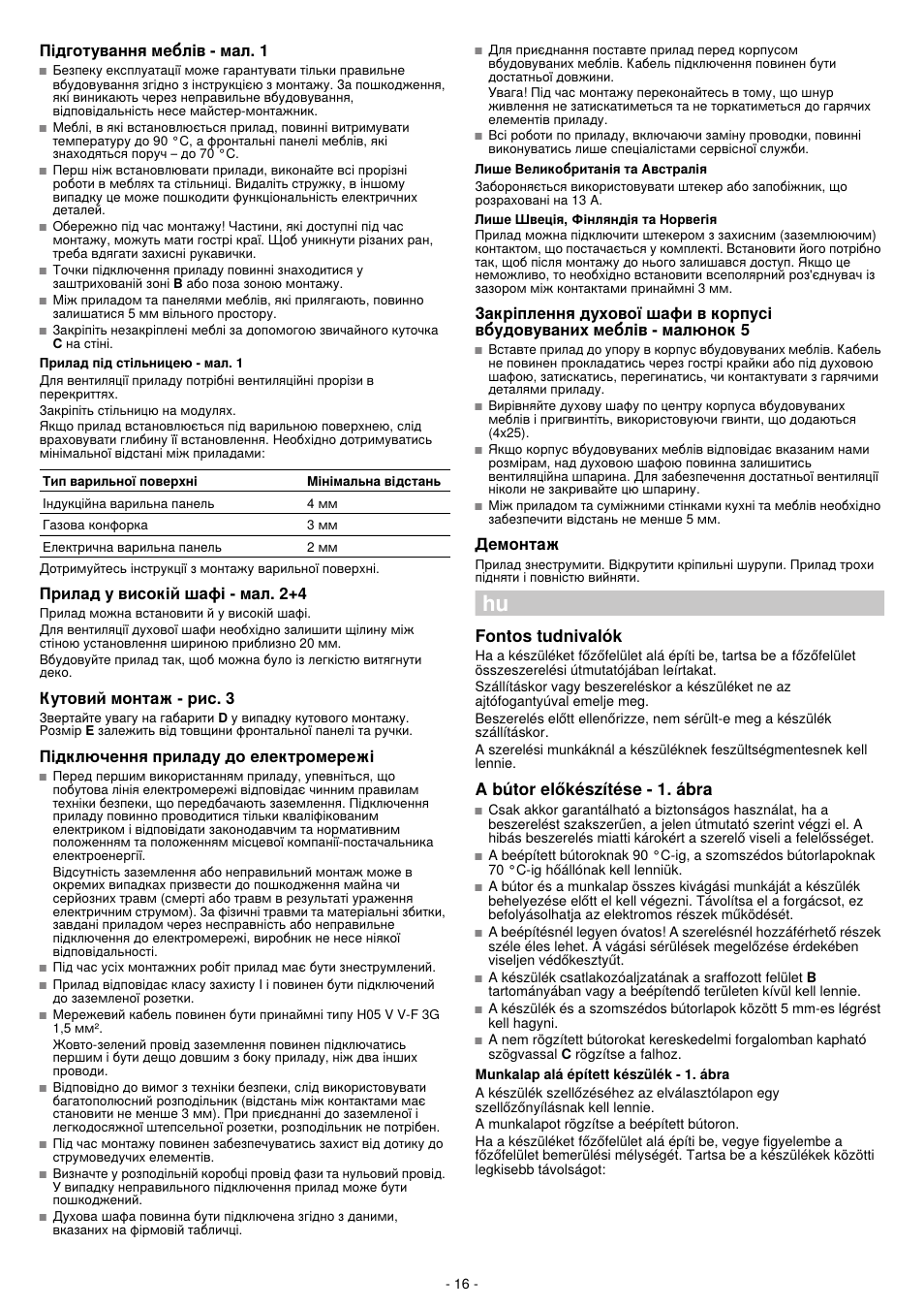 Дготування мебл1в - мал. 1, Прилад у висок1й шаф! - мал. 2+4, Кутовий монтаж - рис. 3 | Дключення приладу до електромереж, Демонтаж, Fontos tudnivalók, A bútor elokészítése -1. ábra | Bosch HBN532E0 - inox Four intégrable User Manual | Page 16 / 24