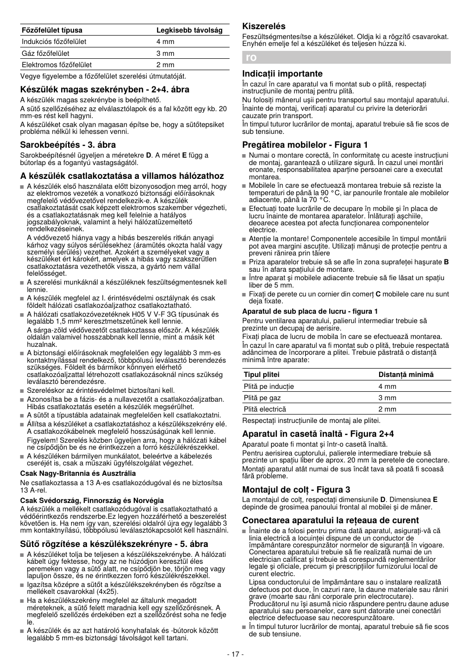 Készülék magas szekrényben - 2+4. ábra, Sarokbeépítés - 3. ábra, A készülék csatlakoztatása a villamos hálózathoz | Süto rogzítése a készülékszekrényre - 5. ábra, Kiszerelés, Indicati! importante, Pregátirea mobilelor - figura 1, Aparatul în casetà înaltà - figura 2+4, Montajul de colt - figura 3, Conectarea aparatului la reteaua de curent | Bosch HBN532E0 - inox Four intégrable User Manual | Page 17 / 24