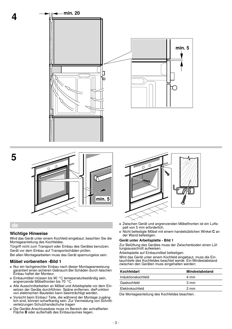 Min. 5, Wichtige hinweise, Möbel vorbereiten -bild 1 | Bosch HBN532E0 - inox Four intégrable User Manual | Page 3 / 24
