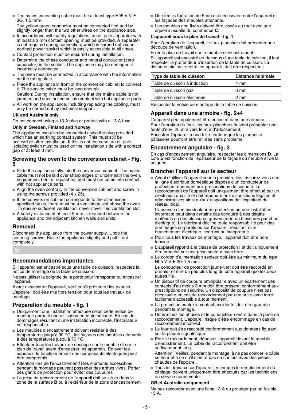Removal, Recommandations importantes, Préparation du meuble - fig. 1 | Appareil dans une armoire - fig. 2+4, Encastrement angulaire - fig. 3, Brancher l'appareil sur le secteur | Bosch HBN532E0 - inox Four intégrable User Manual | Page 5 / 24