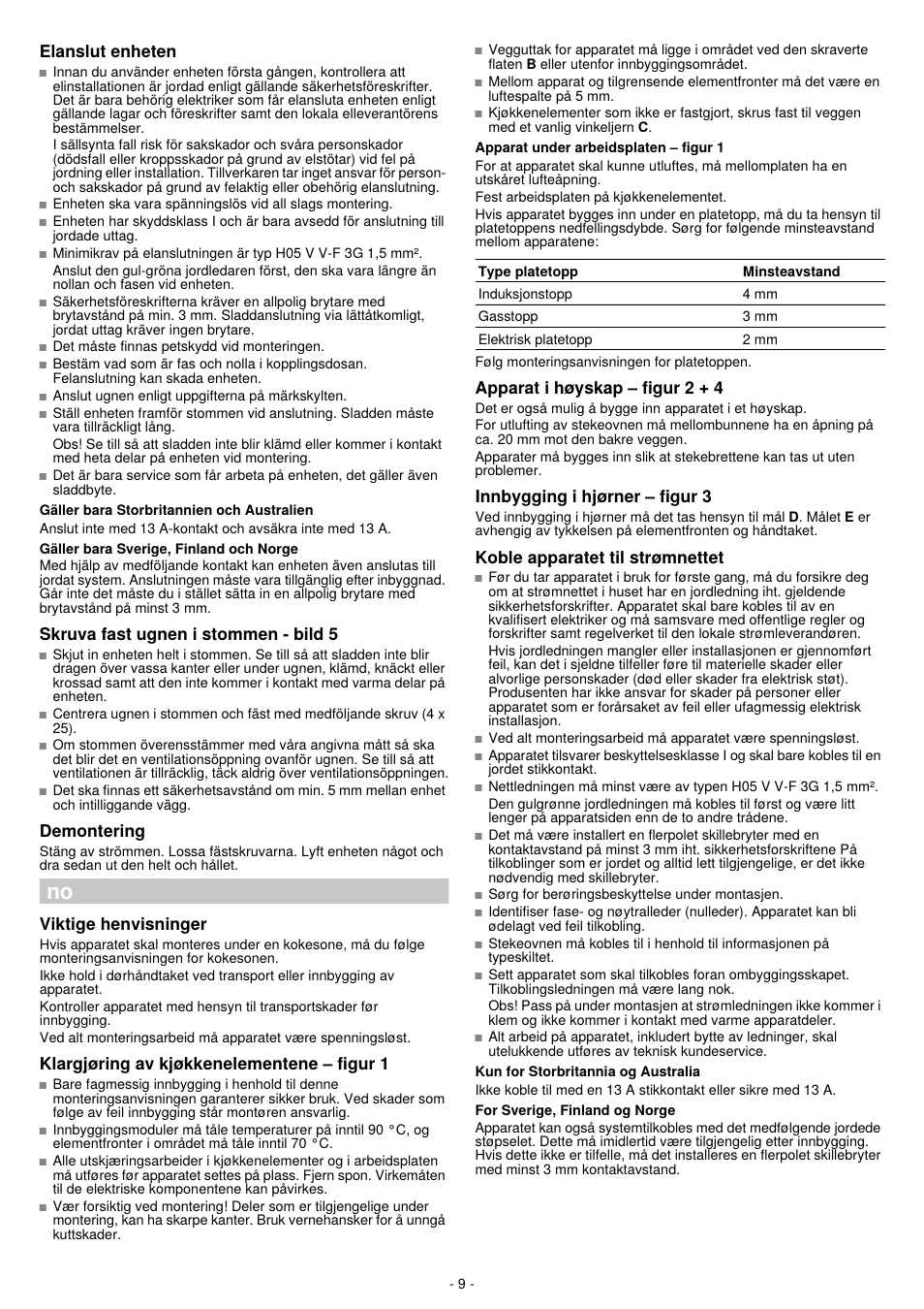 Elanslut enheten, Skruva fast ugnen i stemmen - bild 5, Demontering | Viktige henvisninger, Klargjoring av kjokkenelementene - figur 1, Apparat i hoyskap - figur 2 + 4, Innbygging i hjorner - figur 3, Koble apparatet til stremnettet | Bosch HBN532E0 - inox Four intégrable User Manual | Page 9 / 24