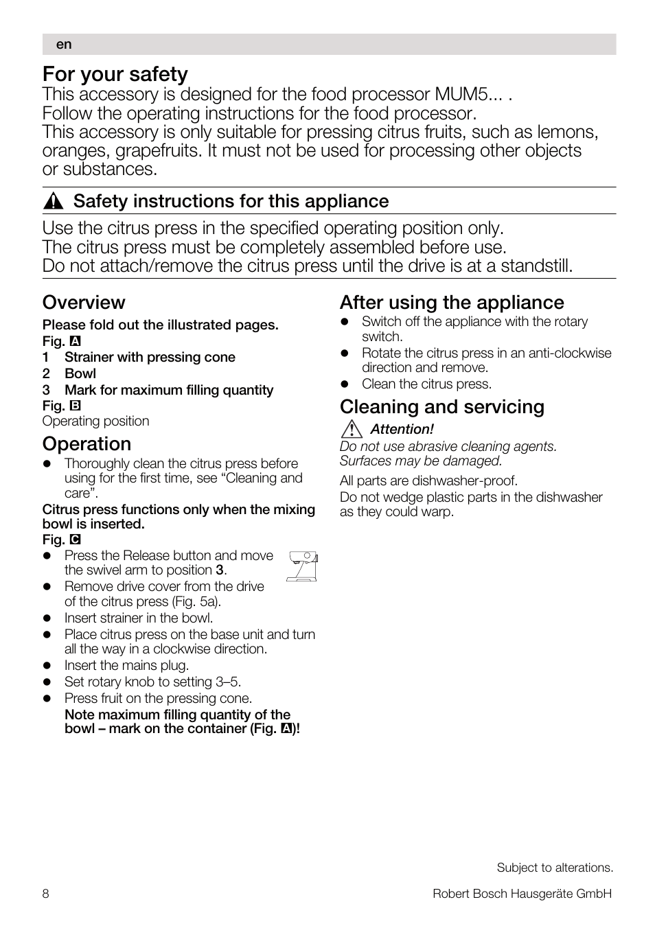 For your safety, Overview, Operation | After using the appliance, Cleaning and servicing | Bosch MUM56Z40 KITCHEN MACHINE 900W SILVERSILVER Styline Couleur argent argent User Manual | Page 8 / 16