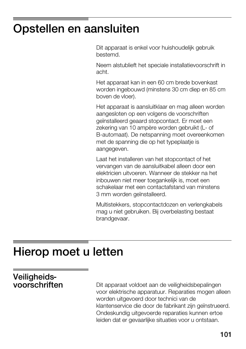 Opstellen en aansluiten, Hierop moet u letten, Veiligheidsć voorschriften | Bosch HMT82M650 - Inox Micro-ondes User Manual | Page 101 / 124