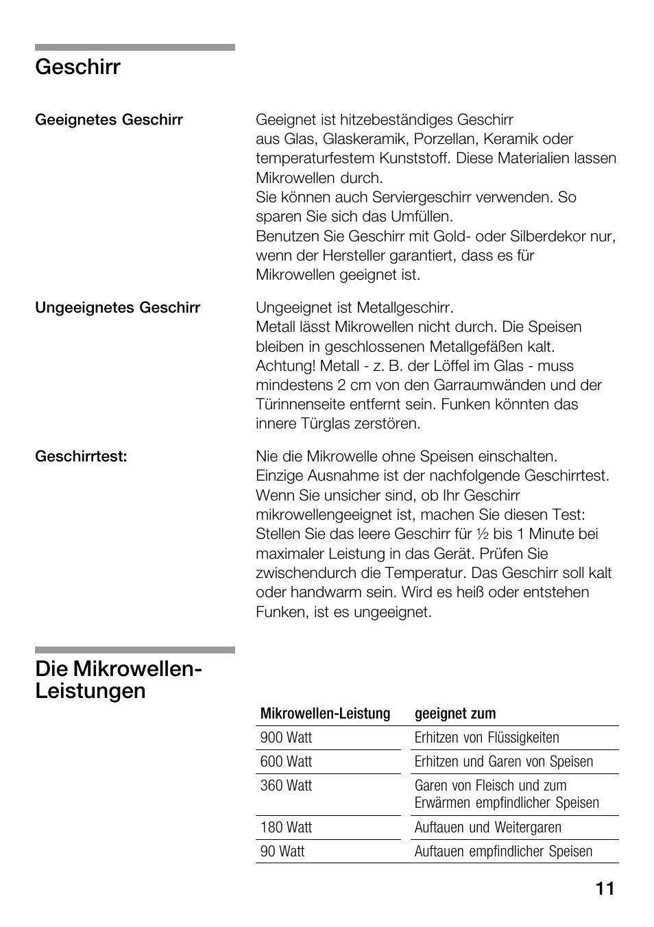 Geschirr, Die mikrowellenć leistungen | Bosch HMT82M650 - Inox Micro-ondes User Manual | Page 11 / 124