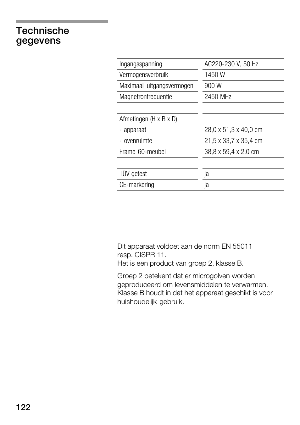 Technische gegevens | Bosch HMT82M650 - Inox Micro-ondes User Manual | Page 122 / 124