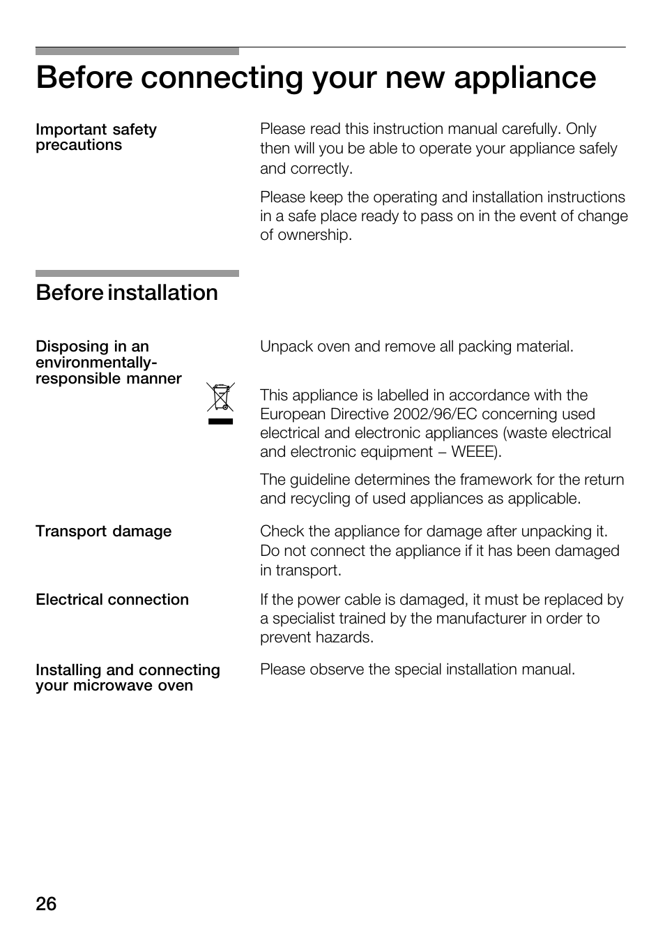 Before connecting your new appliance, Before installation | Bosch HMT82M650 - Inox Micro-ondes User Manual | Page 26 / 124
