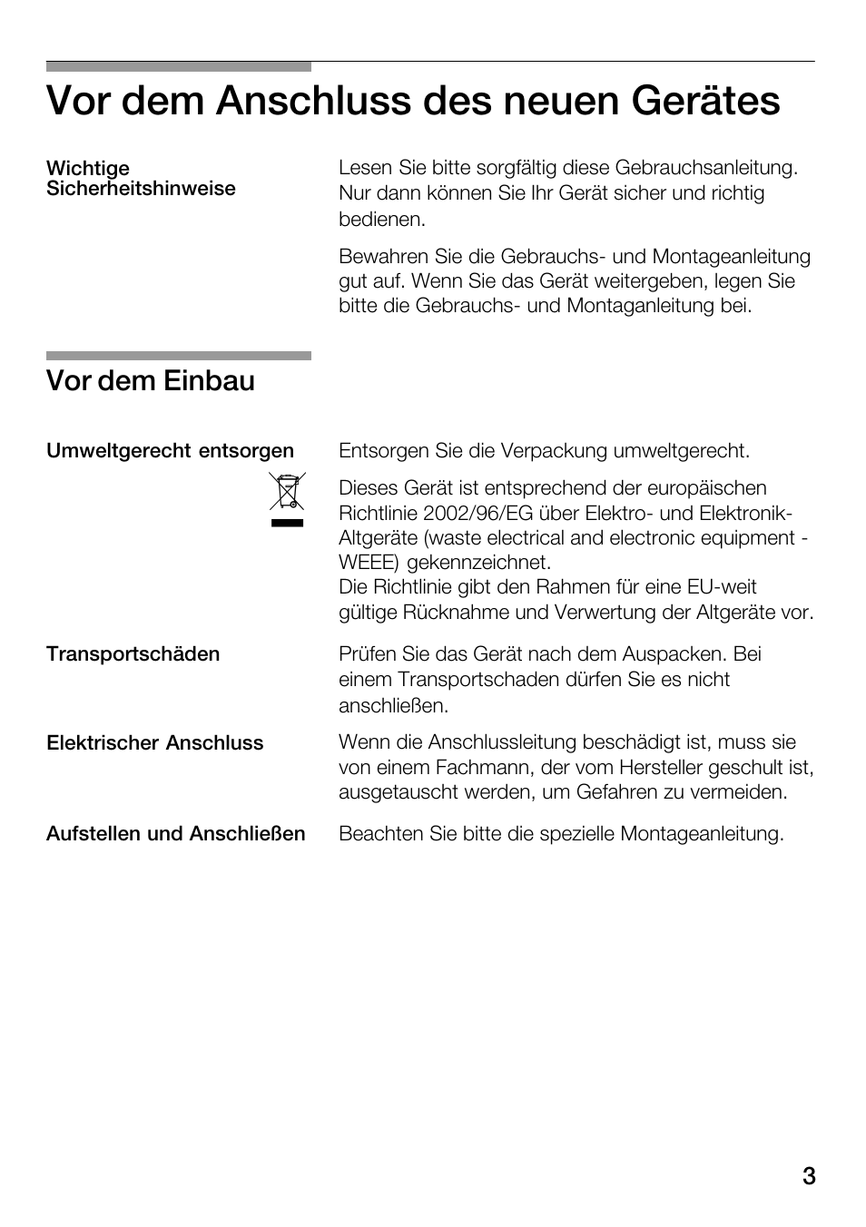 Vor dem anschluss des neuen gerätes, Vor dem einbau | Bosch HMT82M650 - Inox Micro-ondes User Manual | Page 3 / 124