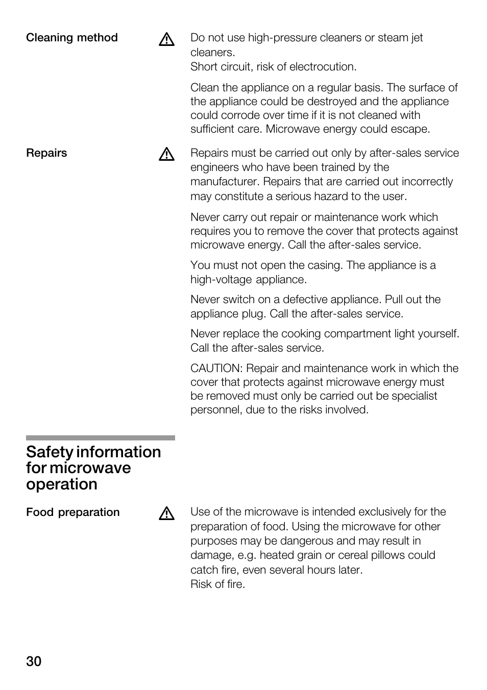 Safety information for microwave operation | Bosch HMT82M650 - Inox Micro-ondes User Manual | Page 30 / 124