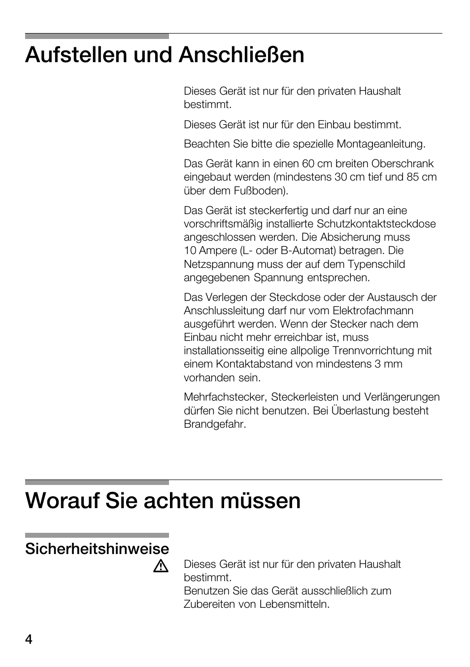 Aufstellen und anschließen, Worauf sie achten müssen, Sicherheitshinweise | Bosch HMT82M650 - Inox Micro-ondes User Manual | Page 4 / 124