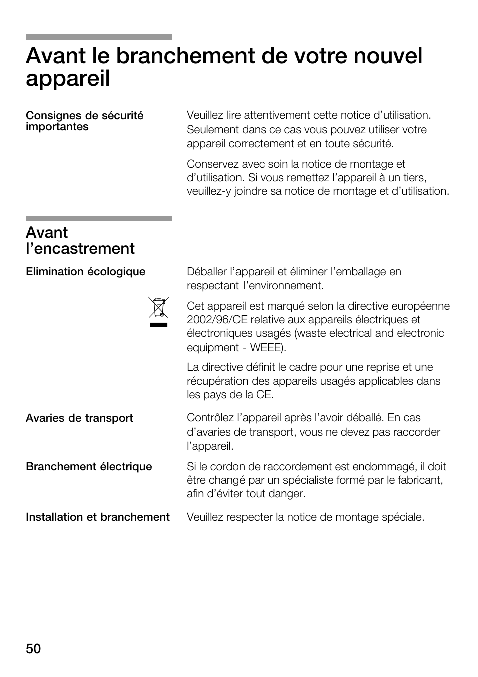 Avant le branchement de votre nouvel appareil, Avant l'encastrement | Bosch HMT82M650 - Inox Micro-ondes User Manual | Page 50 / 124