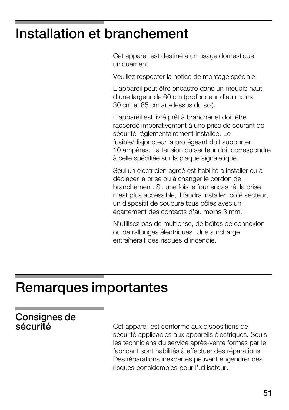 Installation et branchement, Remarques importantes, Consignes de sécurité | Bosch HMT82M650 - Inox Micro-ondes User Manual | Page 51 / 124