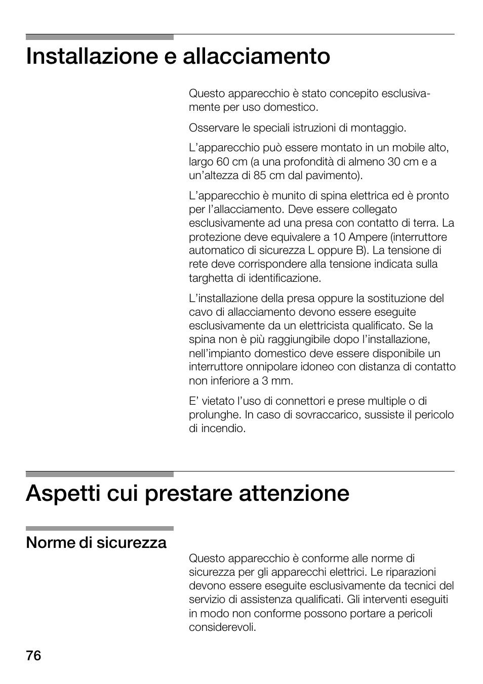 Installazione e allacciamento, Aspetti cui prestare attenzione, Norme di sicurezza | Bosch HMT82M650 - Inox Micro-ondes User Manual | Page 76 / 124