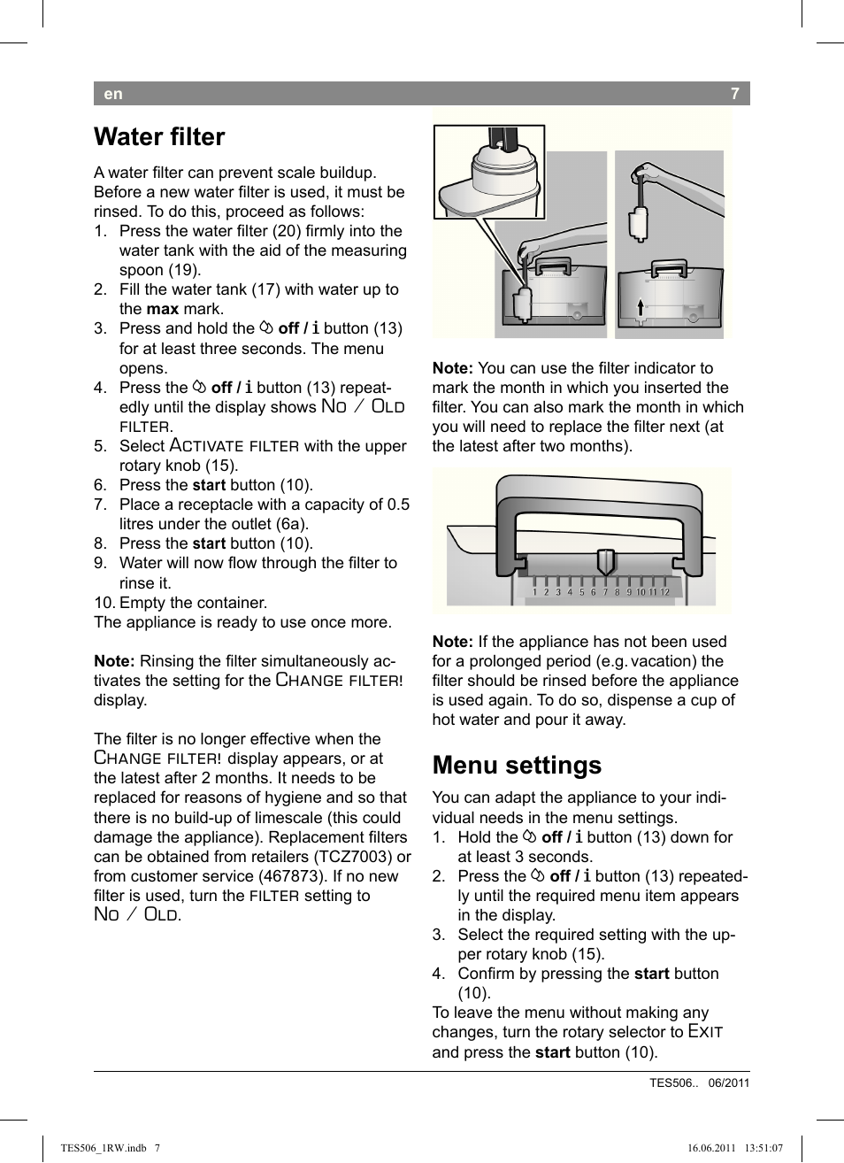 Water i lter, Menu settings, No / old filter | Activate filter, Change filter, Filter, No / old, Exit | Bosch TES50621RW VeroCafe LattePro Machine à café Expresso automatique Titanium User Manual | Page 11 / 124